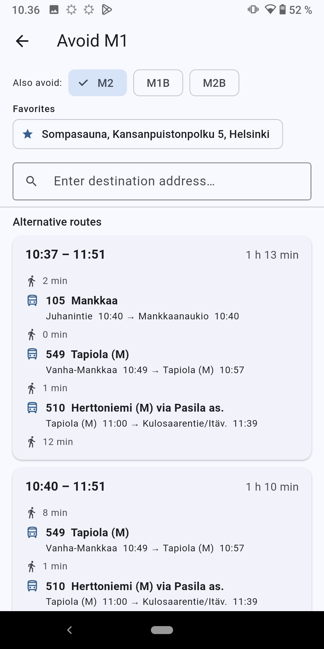 Whesuli planning a journey while avoiding the M1 metro, showing alternative routes